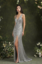 Sparkly Mermaid Wide Straps V-neck Sequins Bridesmaid/Prom Dress With Side Slit by misshow.com