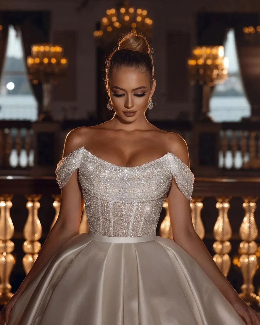 Sparkly Off-the-Shoulder Sequins A-line Bridal Dress with Detachable Sweep Train by misshow.com