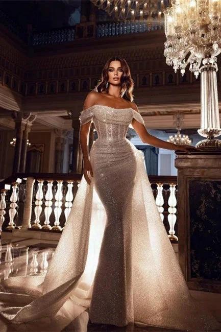 Sparkly Off-the-Shoulder Sequins Mermaid Bridal Dress with Detachable Sweep Train by misshow.com