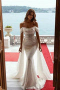 Sparkly Off-the-Shoulder Sequins Mermaid Bridal Dress with Detachable Sweep Train by misshow.com