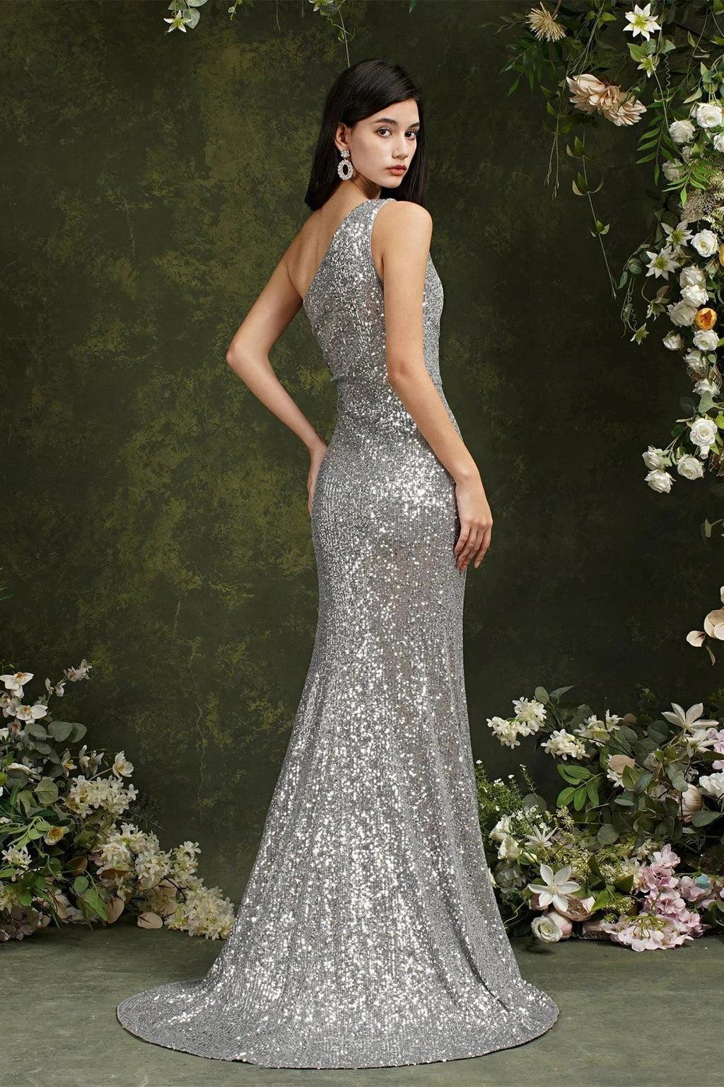 Sparkly One Shoulder Sequins Mermaid Floor-length Bridesmaid/Prom Dress With Side Slit by misshow.com