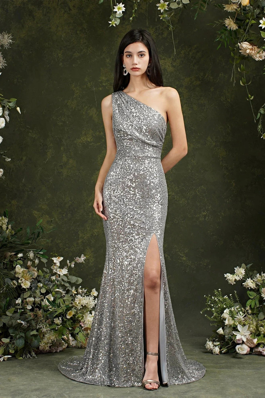 Sparkly One Shoulder Sequins Mermaid Floor-length Bridesmaid/Prom Dress With Side Slit by misshow.com