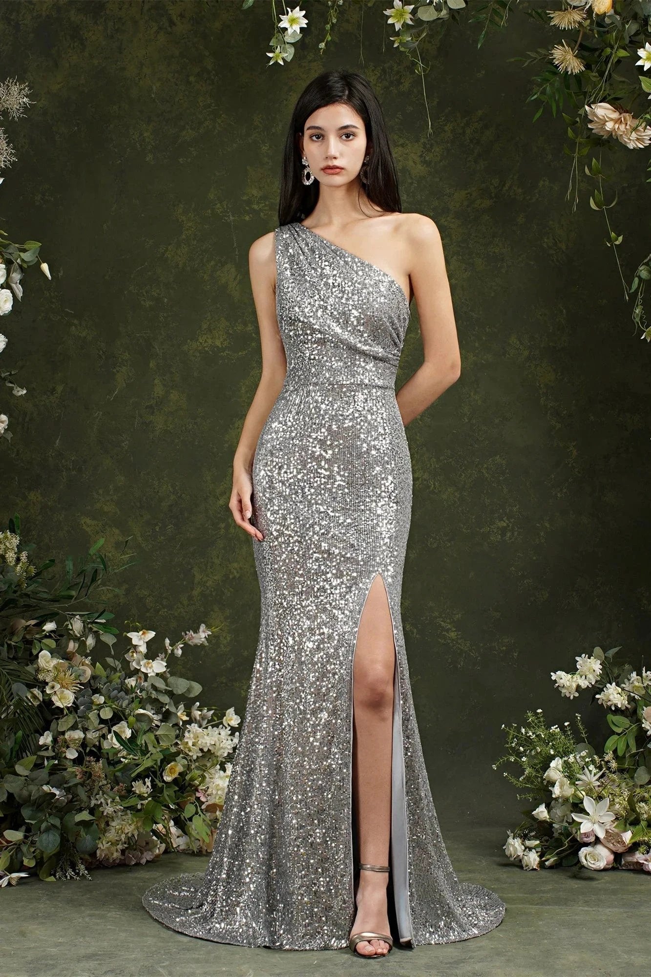 Sparkly One Shoulder Sequins Mermaid Floor-length Bridesmaid/Prom Dress With Side Slit by misshow.com