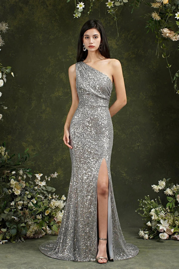 Sparkly One Shoulder Sequins Mermaid Floor-length Bridesmaid/Prom Dress With Side Slit by misshow.com