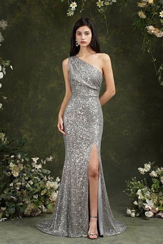 Sparkly One Shoulder Sequins Mermaid Floor-length Bridesmaid/Prom Dress With Side Slit