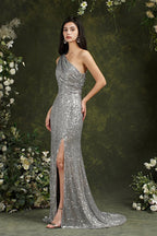Sparkly One Shoulder Sequins Mermaid Floor-length Bridesmaid/Prom Dress With Side Slit by misshow.com