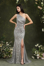 Sparkly One Shoulder Sequins Mermaid Floor-length Bridesmaid/Prom Dress With Side Slit by misshow.com