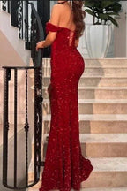 Sparkly Red Off-the-shoulder Long Mermaid Prom Dresses With Slit by misshow.com