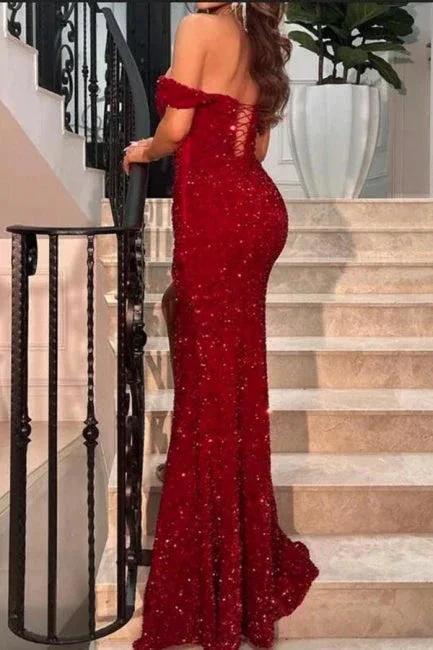 Sparkly Red Off-the-shoulder Long Mermaid Prom Dresses With Slit by misshow.com