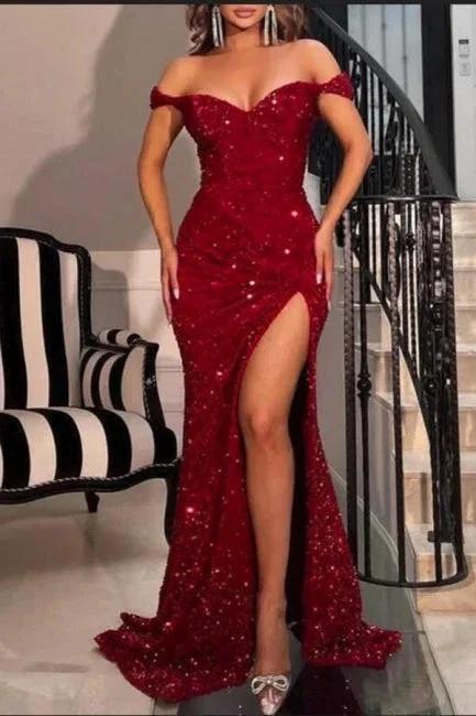 Sparkly Red Off-the-shoulder Long Mermaid Prom Dresses With Slit by misshow.com