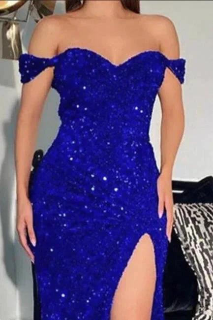 Sparkly Red Off-the-shoulder Long Mermaid Prom Dresses With Slit by misshow.com