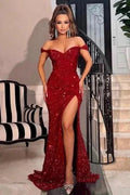 Sparkly Red Off-the-shoulder Long Mermaid Prom Dresses With Slit by misshow.com