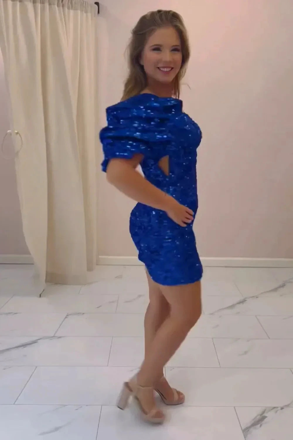 Sparkly Royal Blue One Shoulder Sequins Short Homecoming Dress (ZD09157)