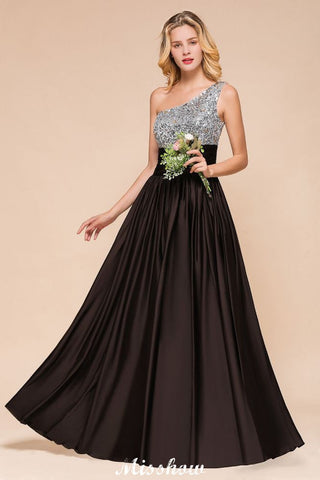Vestido de dama de honor con lentejuelas brillantes, vestido de noche largo de un solo hombro, vestido de fiesta de boda