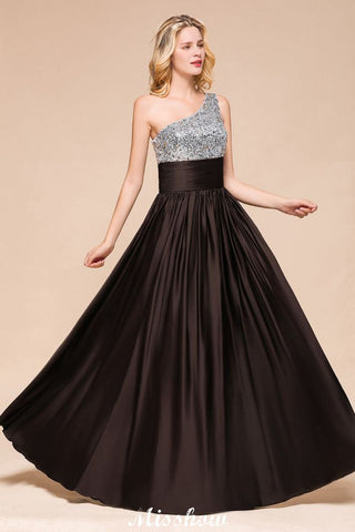 Vestido de dama de honor con lentejuelas brillantes, vestido de noche largo de un solo hombro, vestido de fiesta de boda