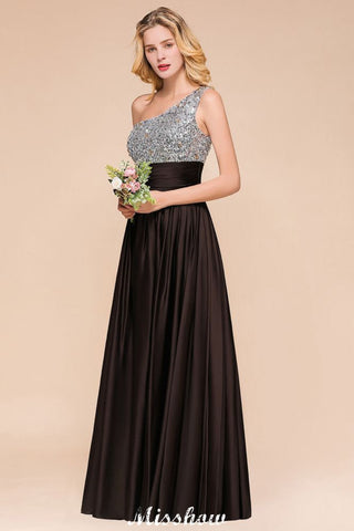 Vestido de dama de honor con lentejuelas brillantes, vestido de noche largo de un solo hombro, vestido de fiesta de boda