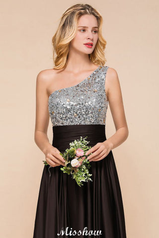Vestido de dama de honor con lentejuelas brillantes, vestido de noche largo de un solo hombro, vestido de fiesta de boda