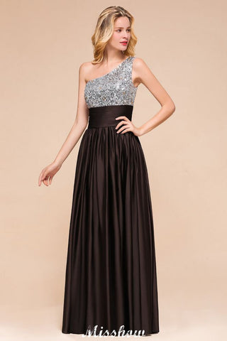 Vestido de dama de honor con lentejuelas brillantes, vestido de noche largo de un solo hombro, vestido de fiesta de boda