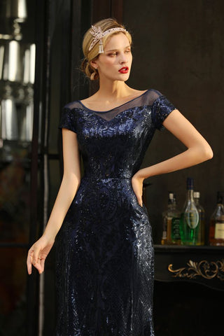 Vestido de fiesta de sirena con lentejuelas brillantes, estilo vintage de los años 20, largo hasta el suelo