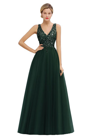 Vestido largo de noche con escote en V y lentejuelas brillantes, vestido de fiesta de tul