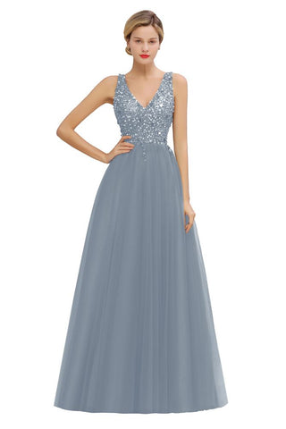 Vestido largo de noche con escote en V y lentejuelas brillantes, vestido de fiesta de tul