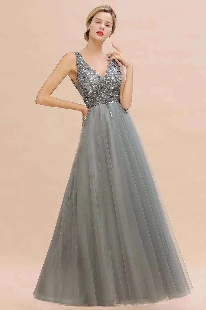 Sparkly Sequins V-Neck Aline Evening Maxi Dress Tulle Prom Dress by misshow.com