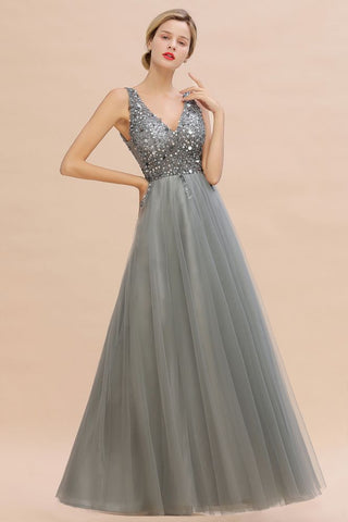 Vestido largo de noche con escote en V y lentejuelas brillantes, vestido de fiesta de tul
