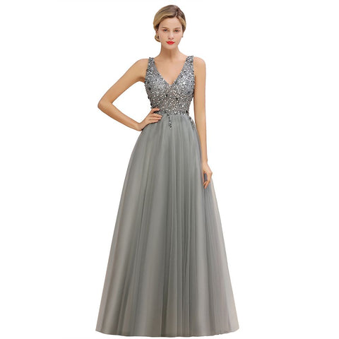 Vestido largo de noche con escote en V y lentejuelas brillantes, vestido de fiesta de tul