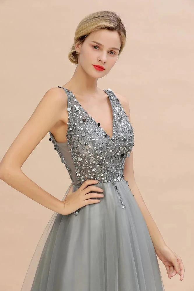 Sparkly Sequins V-Neck Aline Evening Maxi Dress Tulle Prom Dress by misshow.com