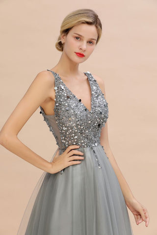 Vestido largo de noche con escote en V y lentejuelas brillantes, vestido de fiesta de tul