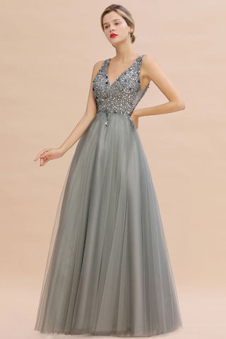 Vestido largo de noche con escote en V y lentejuelas brillantes, vestido de fiesta de tul