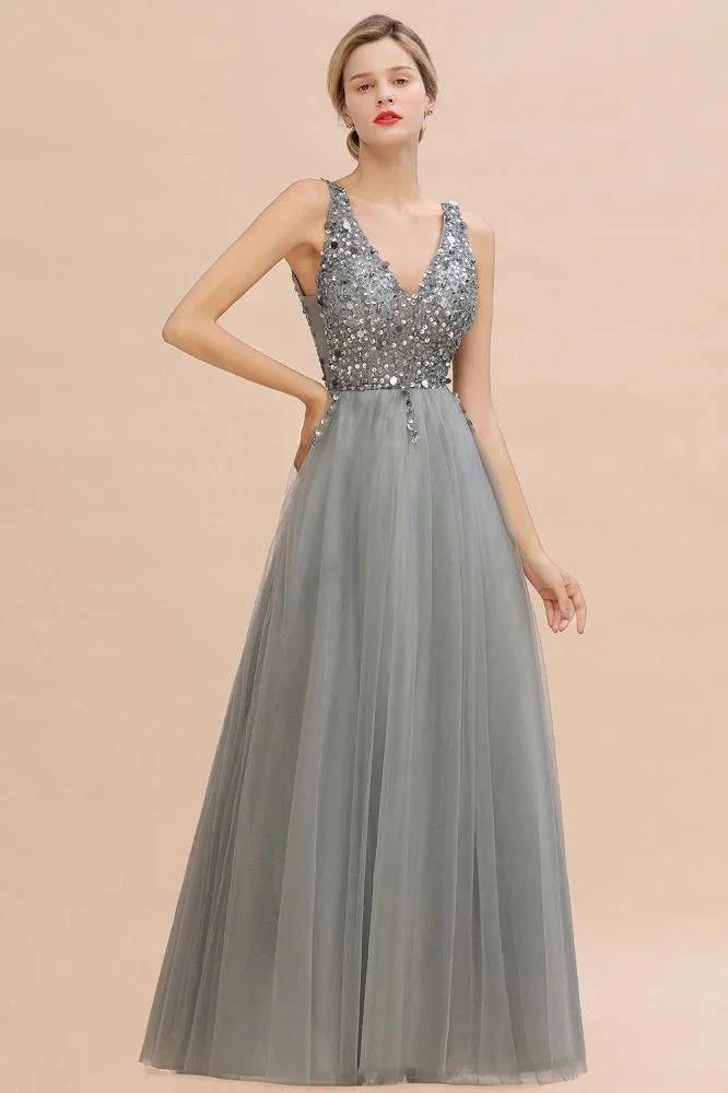 Sparkly Sequins V-Neck Aline Evening Maxi Dress Tulle Prom Dress by misshow.com