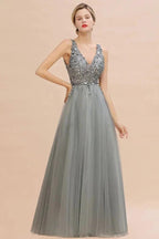 Sparkly Sequins V-Neck Aline Evening Maxi Dress Tulle Prom Dress by misshow.com