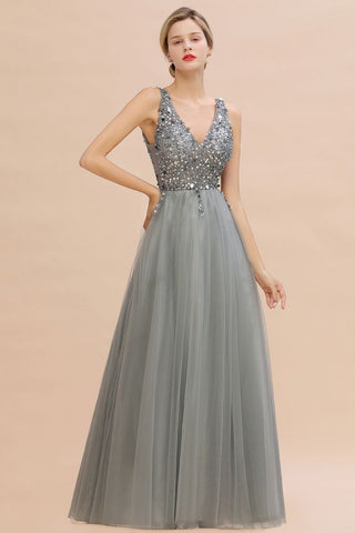 Vestido largo de noche con escote en V y lentejuelas brillantes, vestido de fiesta de tul