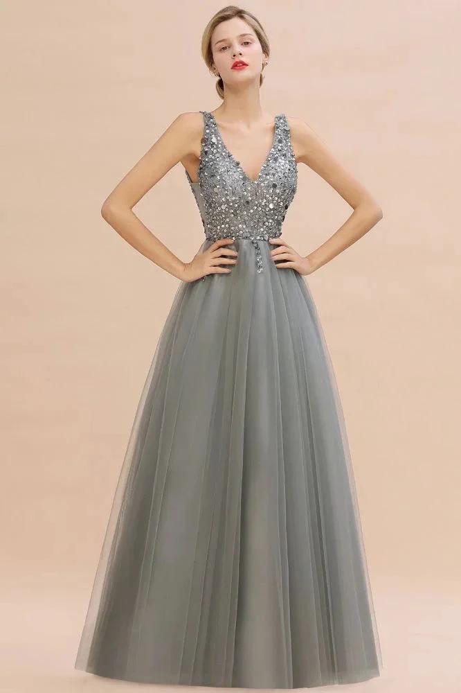 Sparkly Sequins V-Neck Aline Evening Maxi Dress Tulle Prom Dress by misshow.com