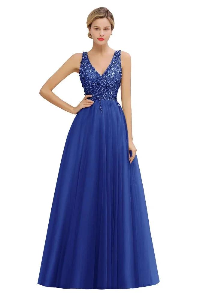 Sparkly Sequins V-Neck Aline Evening Maxi Dress Tulle Prom Dress by misshow.com