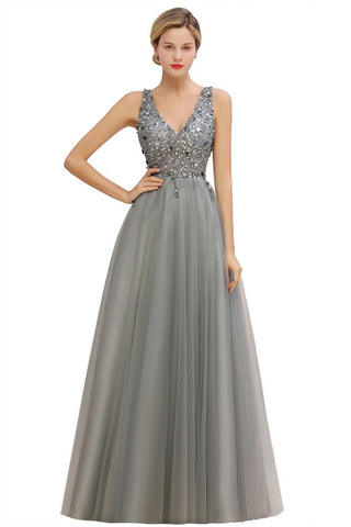 Vestido largo de noche con escote en V y lentejuelas brillantes, vestido de fiesta de tul