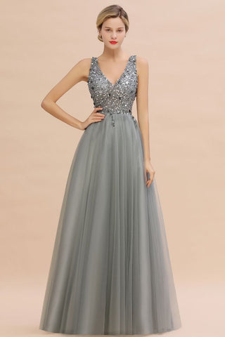 Vestido largo de noche con escote en V y lentejuelas brillantes, vestido de fiesta de tul