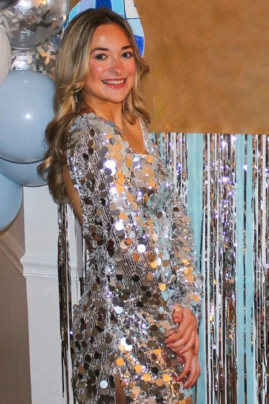 Sparkly Silver Square Neck Sequins Long Sleeves Short Homecoming Dress by KissProm