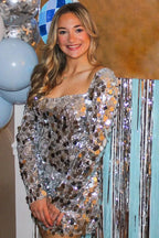 Sparkly Silver Square Neck Sequins Long Sleeves Short Homecoming Dress by KissProm