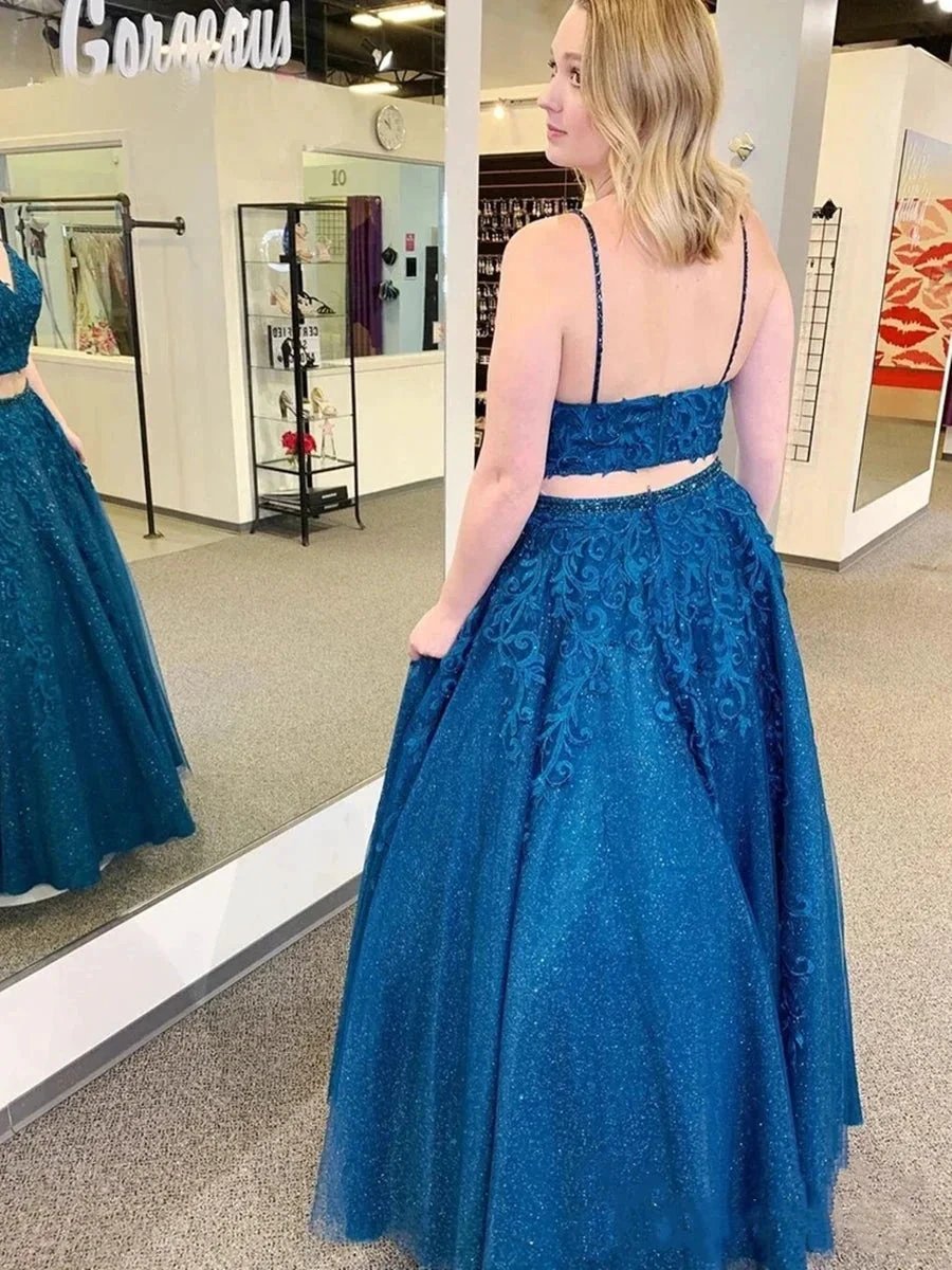 Sparkly Two Pieces Long A Line V Neck Lace Appliques Tulle Formal Prom Dresses by BIZTUNNEL