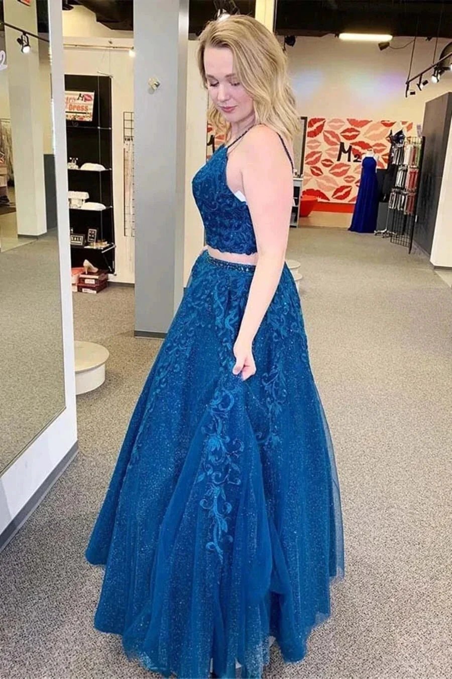 Sparkly Two Pieces Long A Line V Neck Lace Appliques Tulle Formal Prom Dresses by BIZTUNNEL