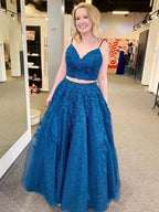 Sparkly Two Pieces Long A Line V Neck Lace Appliques Tulle Formal Prom Dresses by BIZTUNNEL