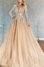 Sparkly V-neck A-line Long Sleeves Ball Gown Prom Dresses With Beads by misshow.com