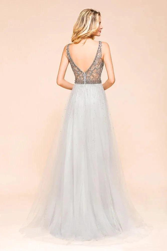 Sparkly V-Neck Aline Evening Dress Floor Length Sleeveless Wedding Party Dress by misshow.com