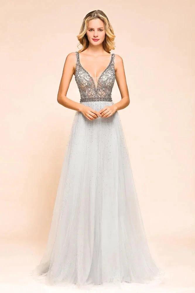 Sparkly V-Neck Aline Evening Dress Floor Length Sleeveless Wedding Party Dress by misshow.com