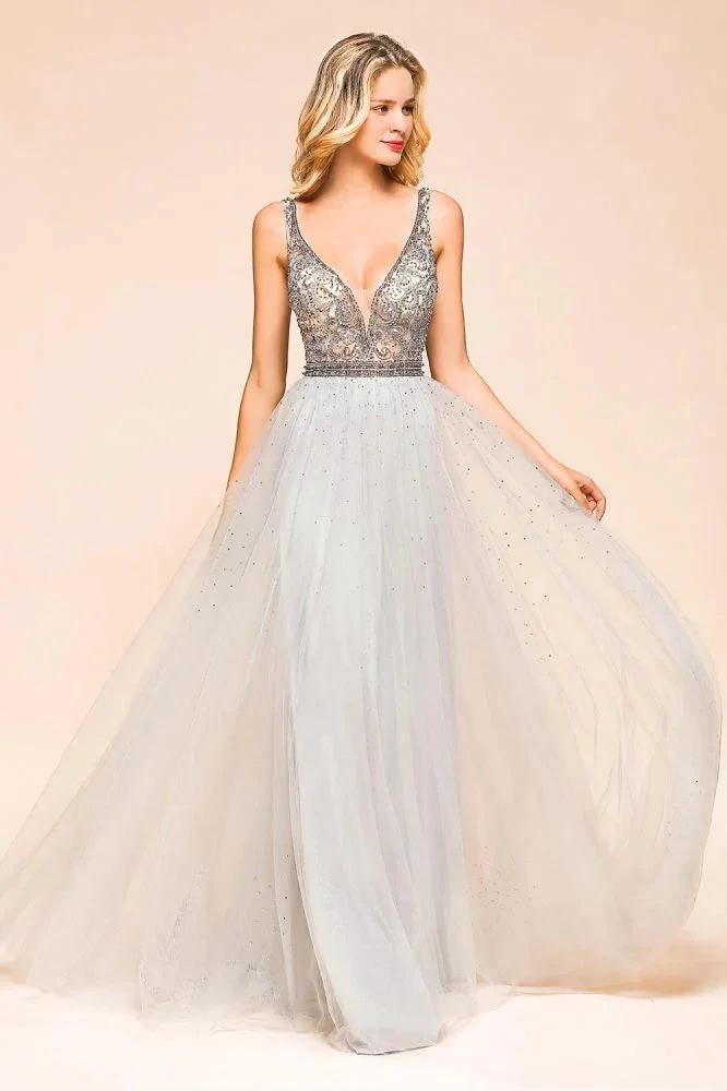 Sparkly V-Neck Aline Evening Dress Floor Length Sleeveless Wedding Party Dress by misshow.com