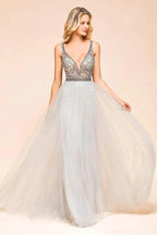 Sparkly V-Neck Aline Evening Dress Floor Length Sleeveless Wedding Party Dress by misshow.com