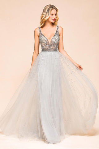 Funkelndes A-Linien-Abendkleid mit V-Ausschnitt und bodenlangem ärmellosem Hochzeitspartykleid