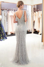 Sparkly V-Neck Tassels Mermaid Prom Dress Sequins Party Gown by misshow.com